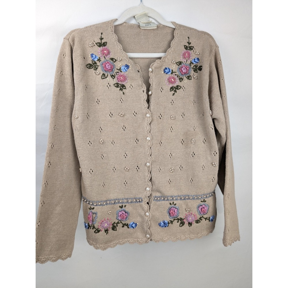 Vintage 90s Floral Embroidered Pearl Button Cardigan M Brown Cottagecore Fairy